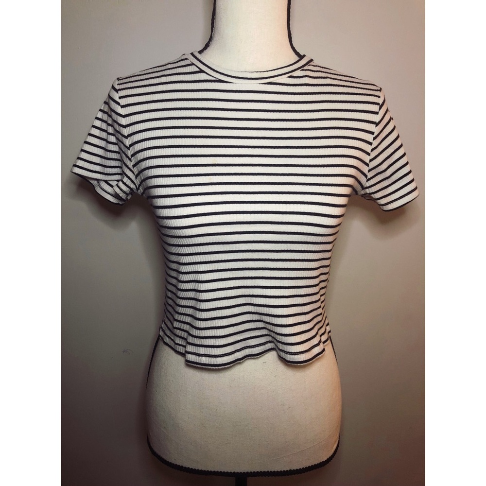 Divided Black and White Striped Crop Top